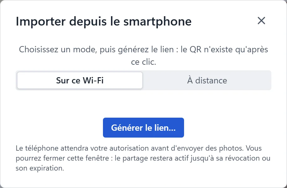Fenêtre « Importer depuis le smartphone » de Planches : choix entre « Sur ce Wi-Fi » et « À distance », bouton « Générer le lien… » et rappel que le téléphone attendra votre autorisation.